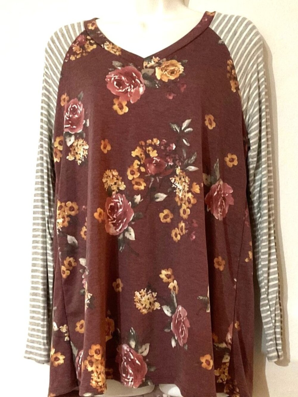 Sew In Love Floral Raglan Long Sleeve Striped Tee Top Maroon Sm (Can fit Larger)